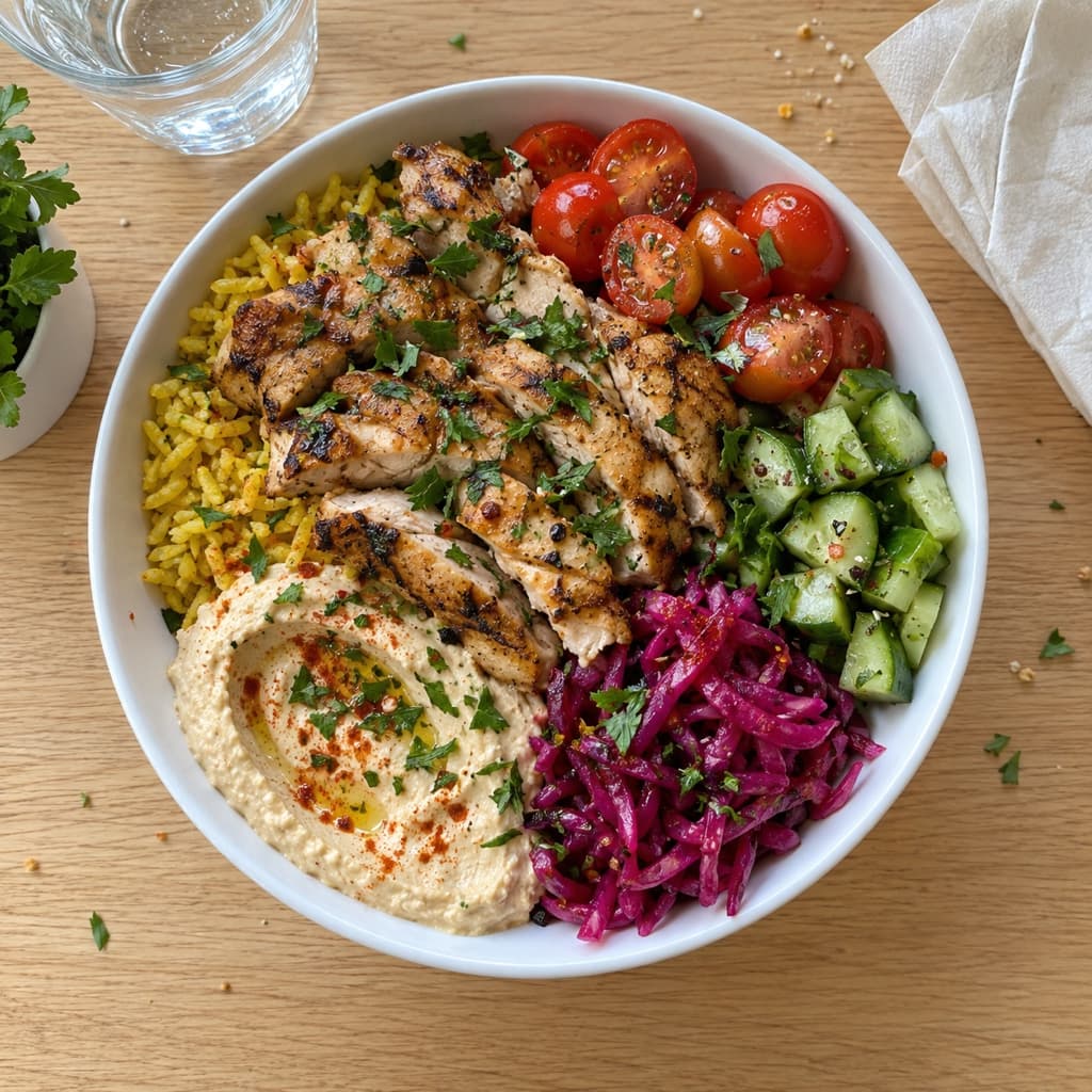 Een bowl met gegrilde kip, hummus, rijst en groenten op een houten tafel.