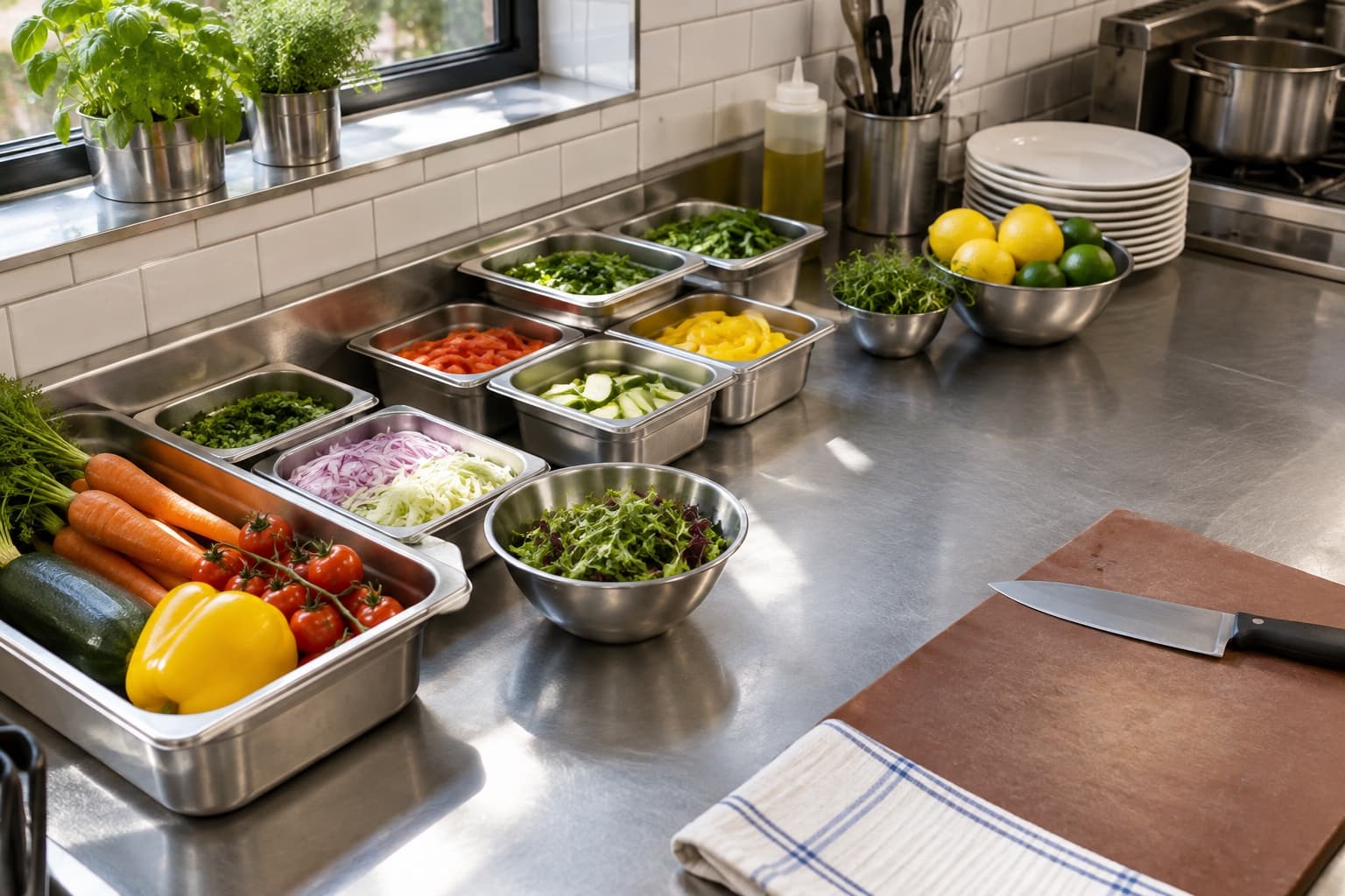 Een professionele keuken met een werkbank en mise en place.